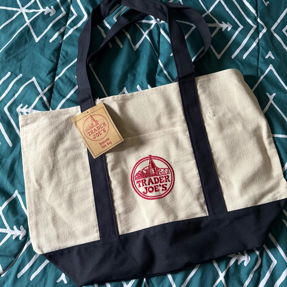 Trader Joe's Cream & Navy Canvas Tote Bag